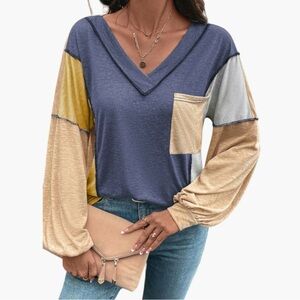 5217. Stylish V-Neck Colorblock Long Sleeve Top